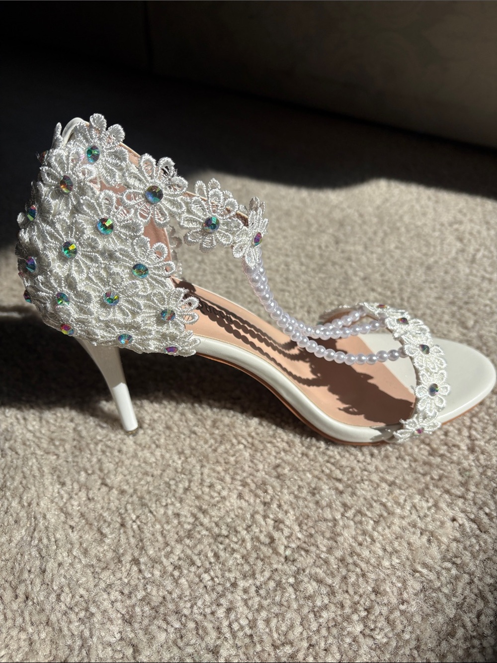 Bridal White Floral Lace Pearl-Strap Heels